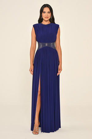 Padded-Shoulder Maxi Dress with Stone-Embellished Waist and Slit