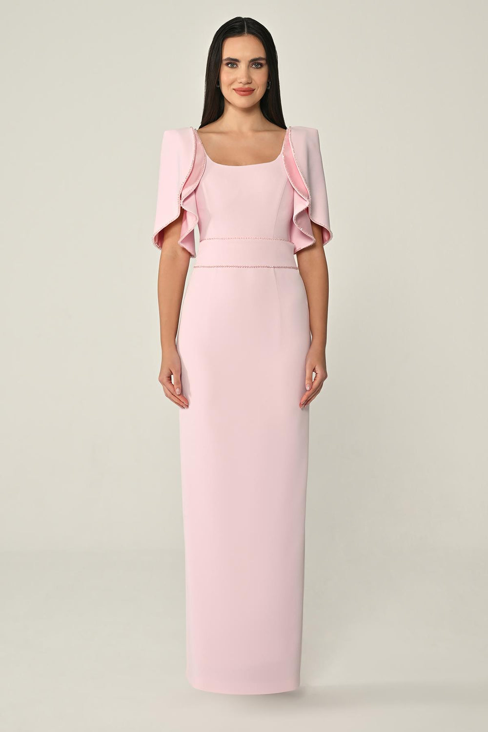 Draped Sleeve Striped Stone Crepe Long Dress