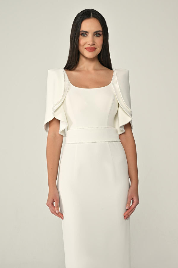 Draped Sleeve Striped Stone Crepe Long Dress
