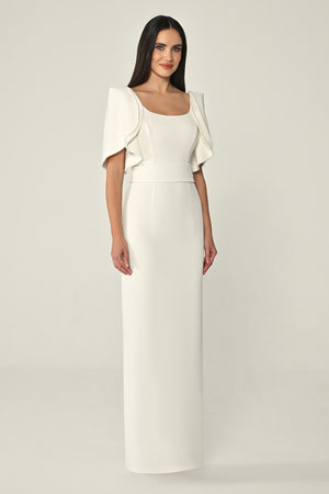 Draped Sleeve Striped Stone Crepe Long Dress