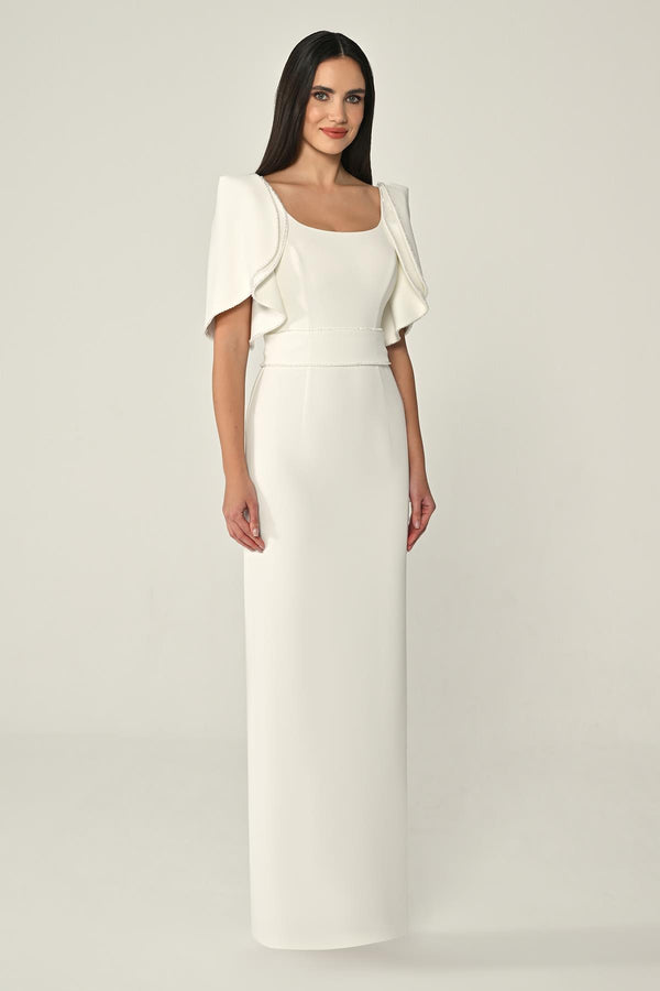 Draped Sleeve Striped Stone Crepe Long Dress