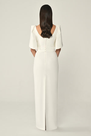 Draped Sleeve Striped Stone Crepe Long Dress