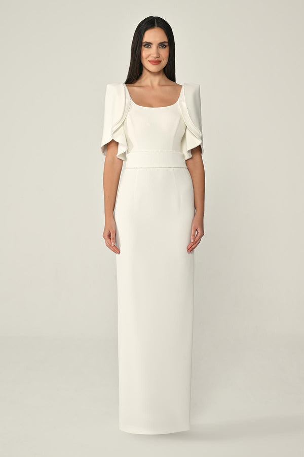 Draped Sleeve Striped Stone Crepe Long Dress