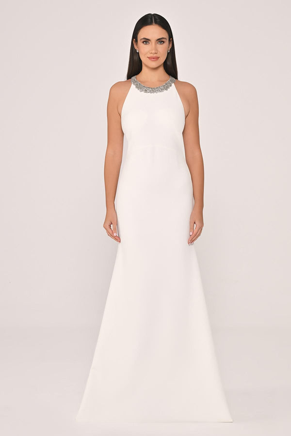 Crepe Long Dress with Embellished Collar and Back