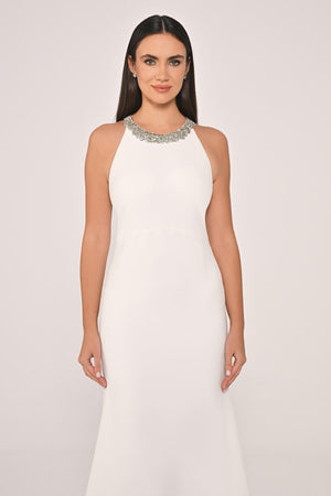 Crepe Long Dress with Embellished Collar and Back