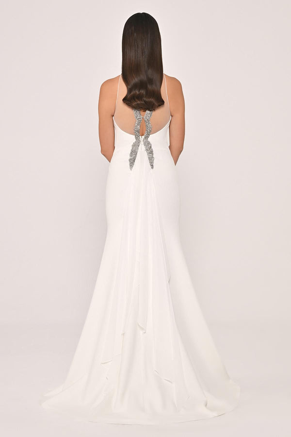 Crepe Long Dress with Embellished Collar and Back