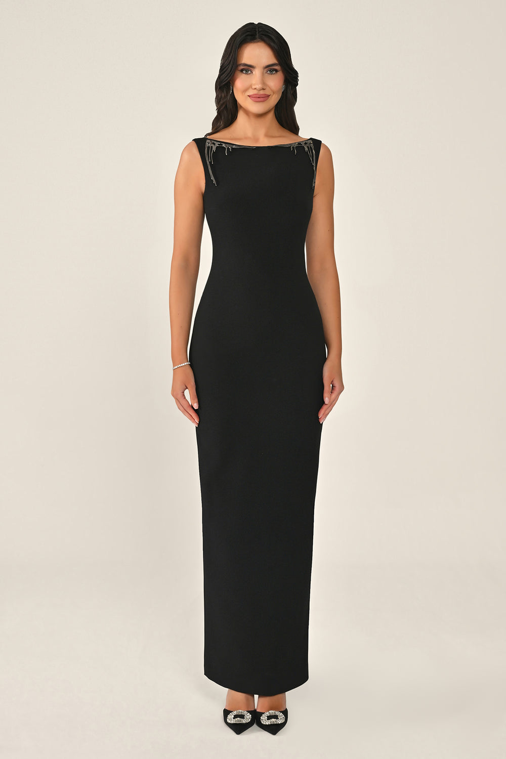 Long Dress with Back Cut-Out and Neckline Embellishment