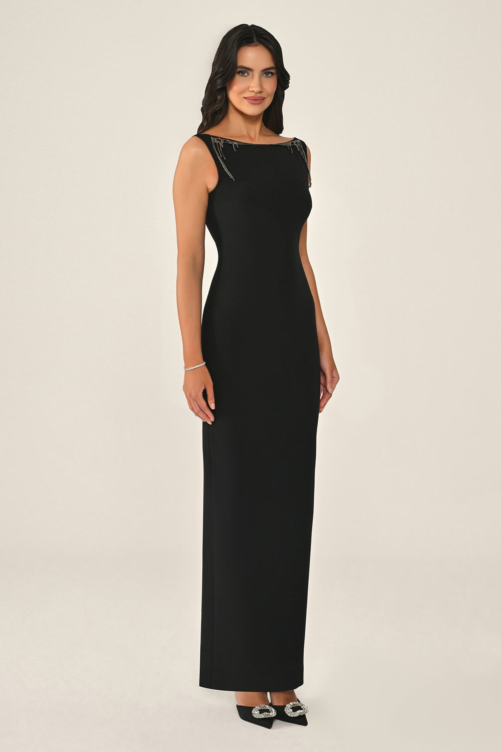 Long Dress with Back Cut-Out and Neckline Embellishment
