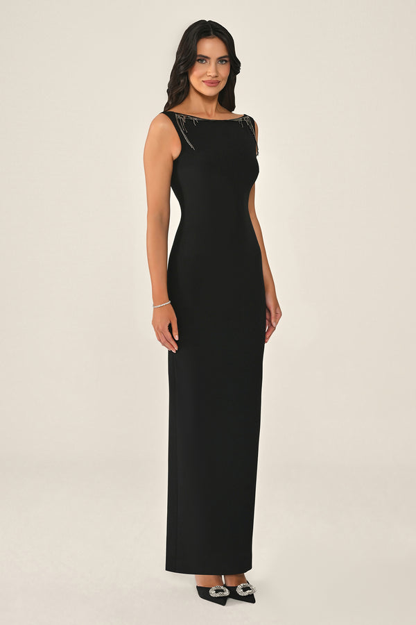 Long Dress with Back Cut-Out and Neckline Embellishment