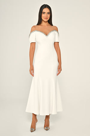 Stone-Embellished Dropped-Shoulder Crepe Midi Dress