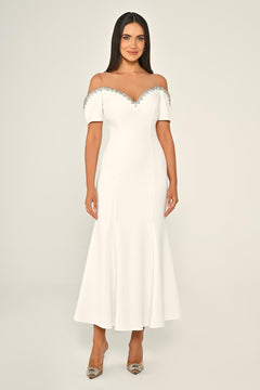 Stone-Embellished Dropped-Shoulder Crepe Midi Dress