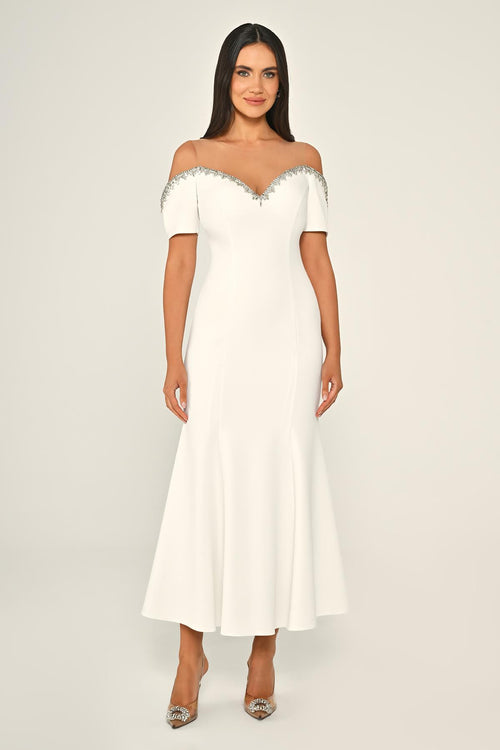 Stone-Embellished Dropped-Shoulder Crepe Midi Dress