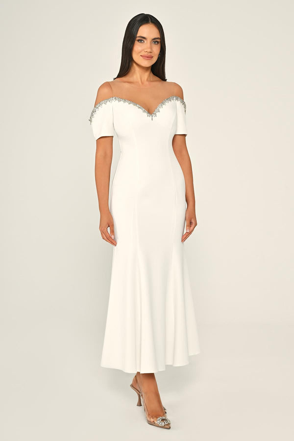 Stone-Embellished Dropped-Shoulder Crepe Midi Dress