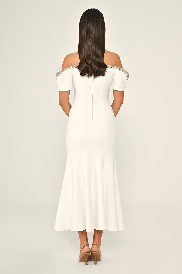 Stone-Embellished Dropped-Shoulder Crepe Midi Dress