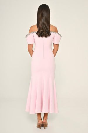 Stone-Embellished Dropped-Shoulder Crepe Midi Dress
