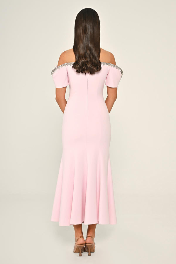 Stone-Embellished Dropped-Shoulder Crepe Midi Dress