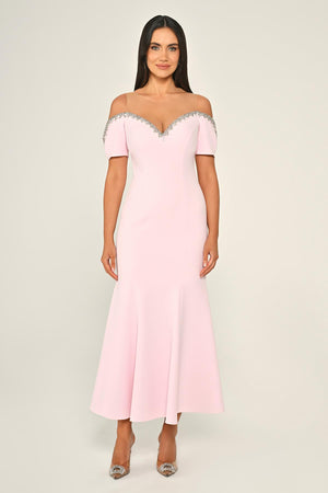 Stone-Embellished Dropped-Shoulder Crepe Midi Dress