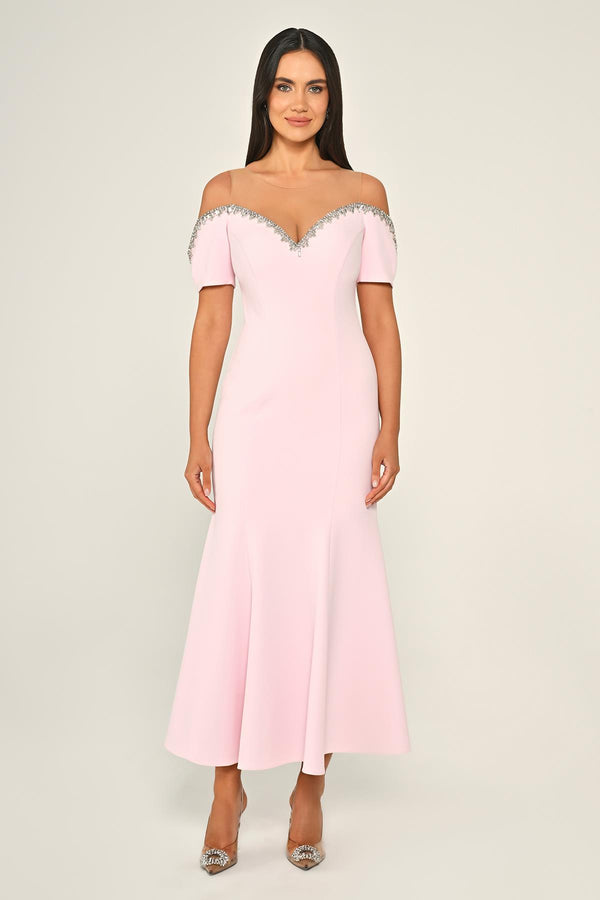 Stone-Embellished Dropped-Shoulder Crepe Midi Dress