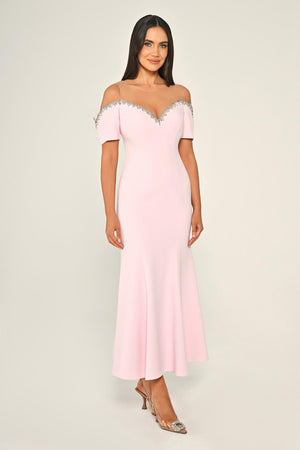 Stone-Embellished Dropped-Shoulder Crepe Midi Dress