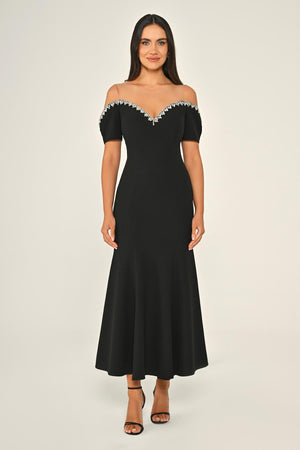 Stone-Embellished Dropped-Shoulder Crepe Midi Dress