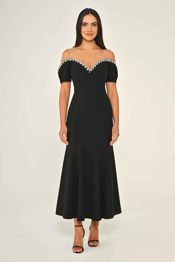 Stone-Embellished Dropped-Shoulder Crepe Midi Dress
