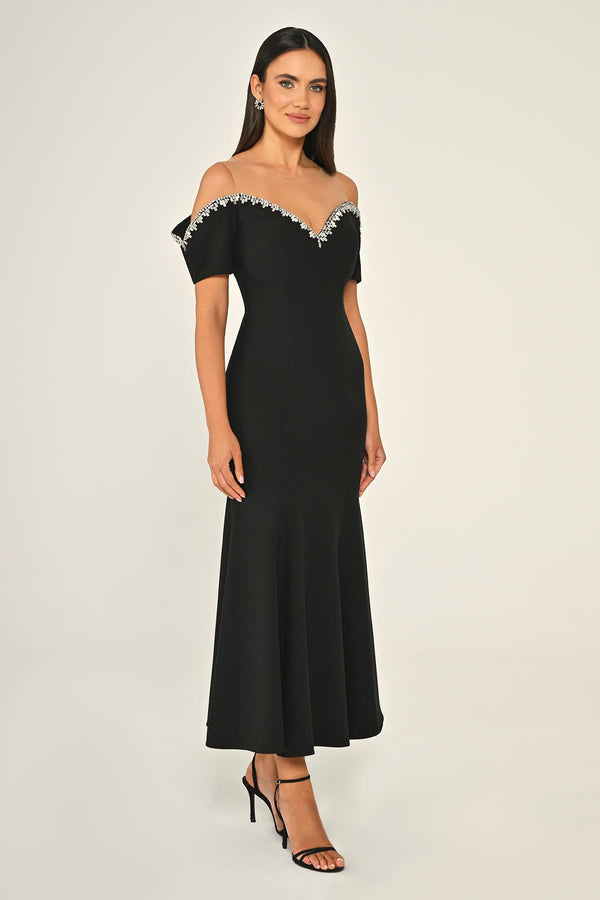 Stone-Embellished Dropped-Shoulder Crepe Midi Dress