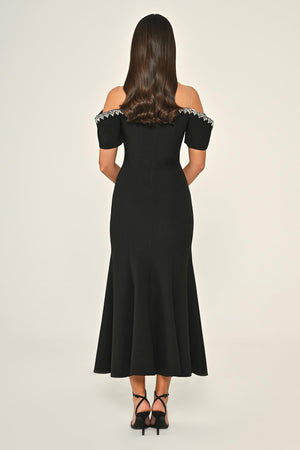 Stone-Embellished Dropped-Shoulder Crepe Midi Dress
