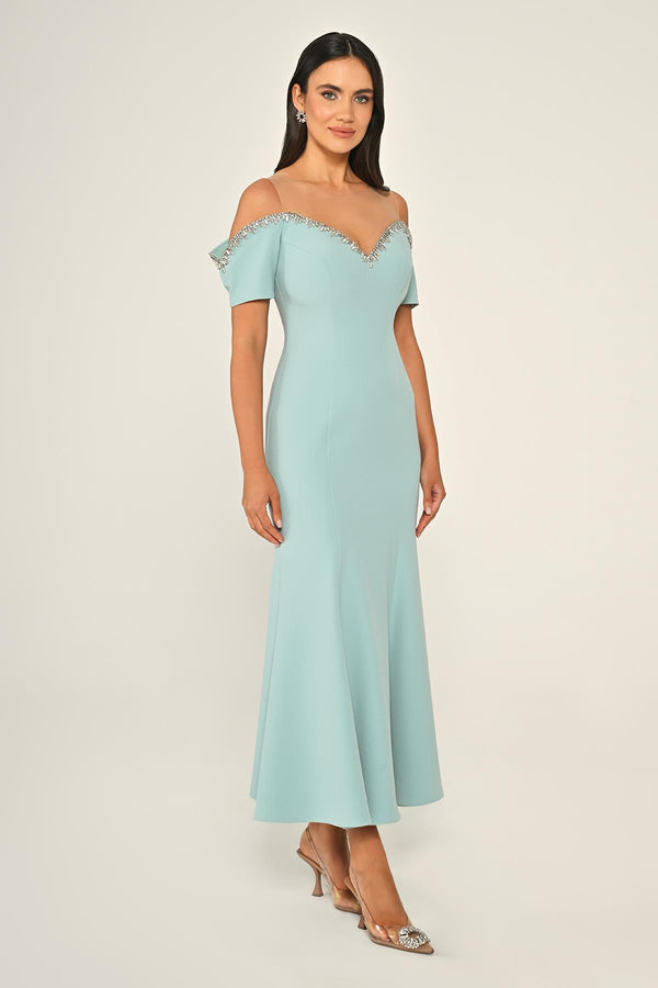 Stone-Embellished Dropped-Shoulder Crepe Midi Dress