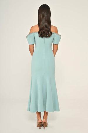 Stone-Embellished Dropped-Shoulder Crepe Midi Dress