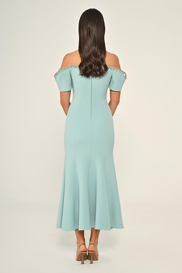 Stone-Embellished Dropped-Shoulder Crepe Midi Dress