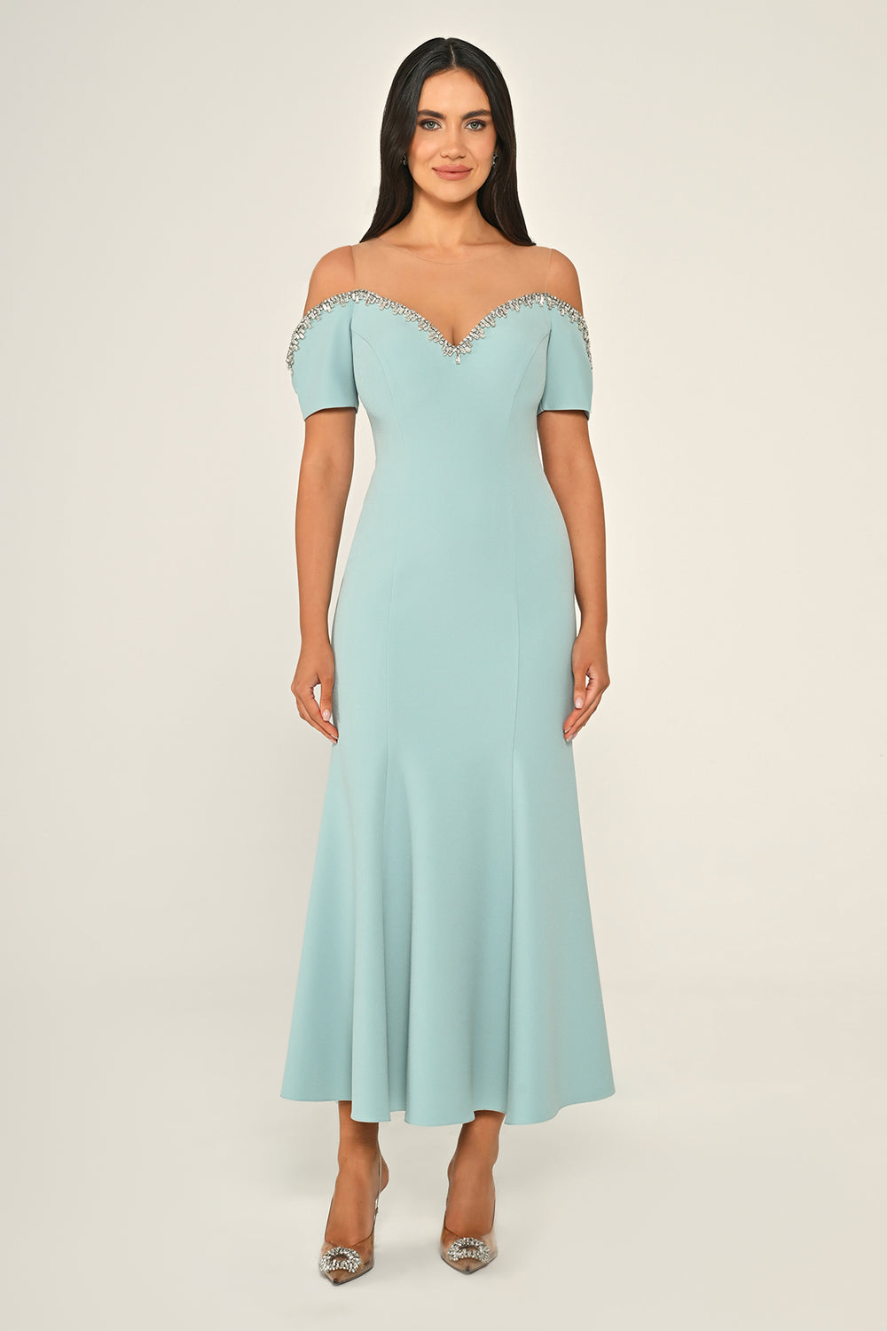 Stone-Embellished Dropped-Shoulder Crepe Midi Dress