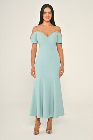 Stone-Embellished Dropped-Shoulder Crepe Midi Dress