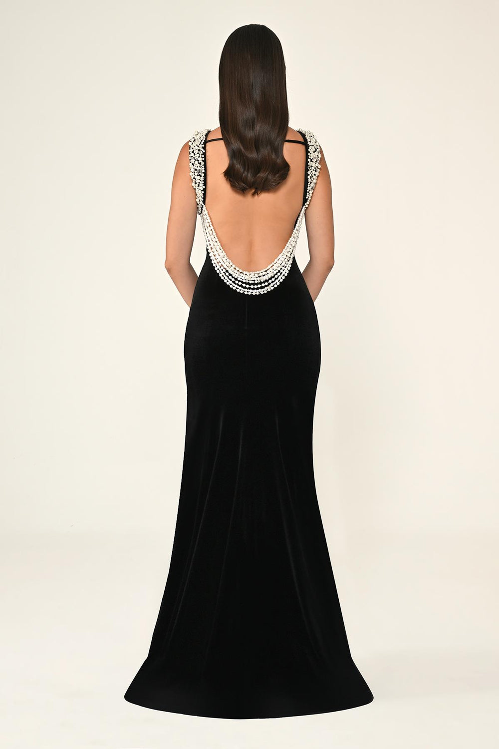 Velvet Long Dress with Pearl Beads on the Collar and Back